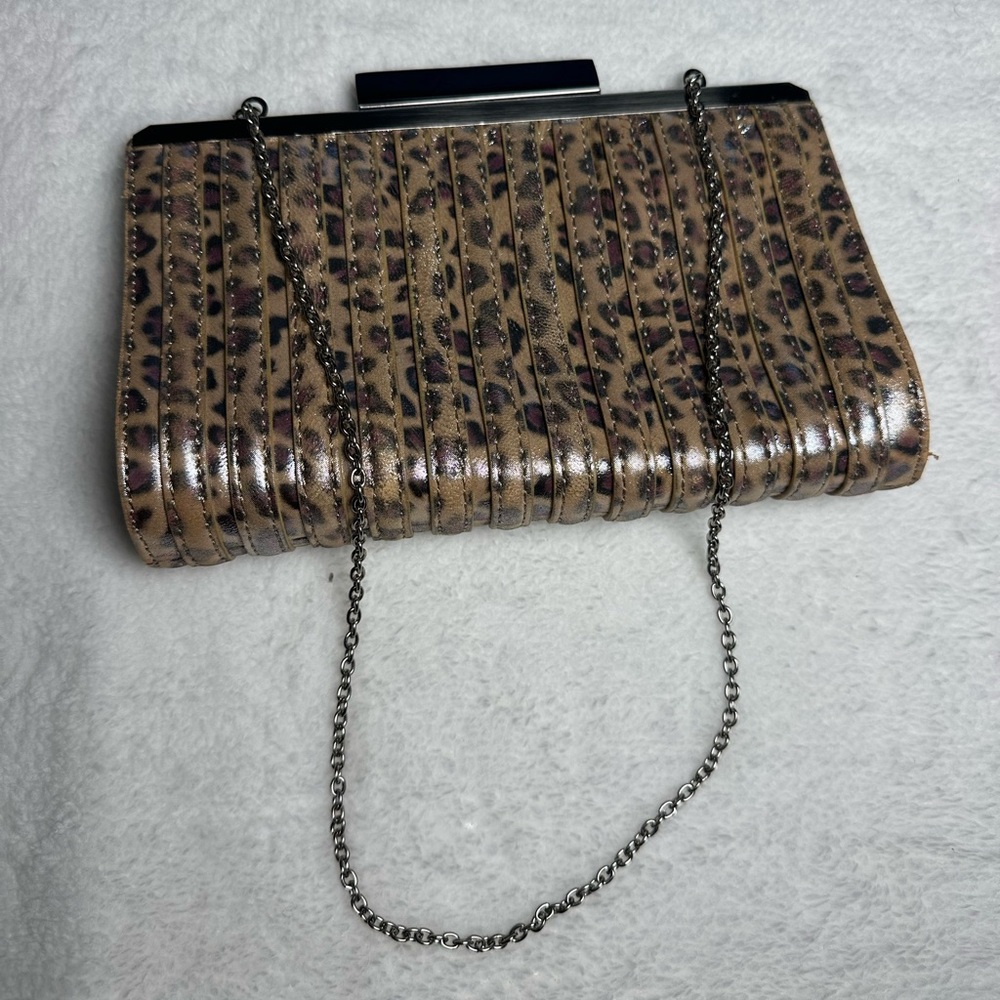 Annabel Ingall Vintage Y2K Metallic Leopard Pleated Clutch –Designer Evening Bag